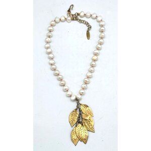 Faux Pearl Necklace With Dangling Gold Tone Leaves